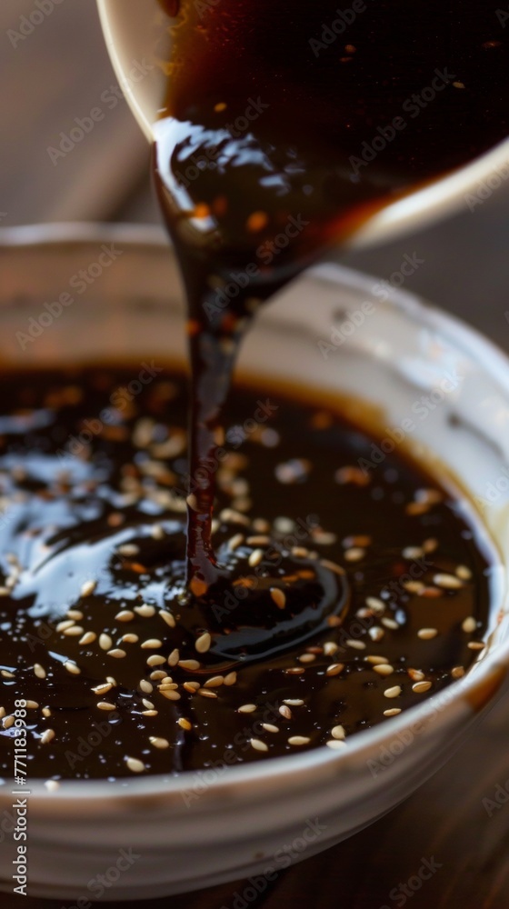 The glossy sheen of sesame sauce ready to envelop and enhance The glossy sheen of sesame sauce ready to envelop and enhance