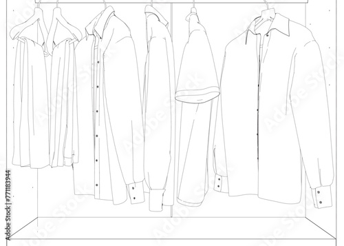 Outline of clothes on a hanger made of black lines isolated on a white background. Clothes hang in a row on a hanger. 3D. Vector illustration. Open wardrobe with clothes.