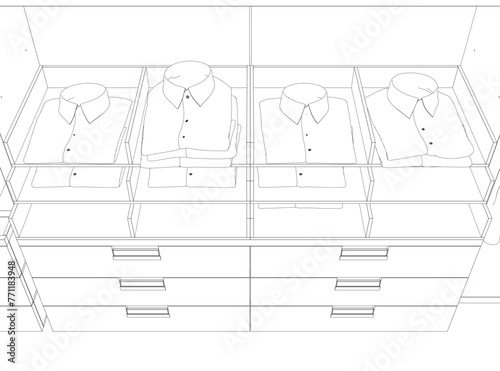 Outline of folded shirts lying on a display window made of black lines isolated on a white background. Wardrobe with clothes. Vector illustration. 3D.