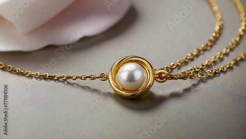 A delicate gold necklace adorned with a single, luminous pearl pendant, evoking the elegance of a bygone era Generative AI