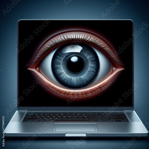a big eye peering out from a laptop screen, symbolizing the concept of spying or surveillance