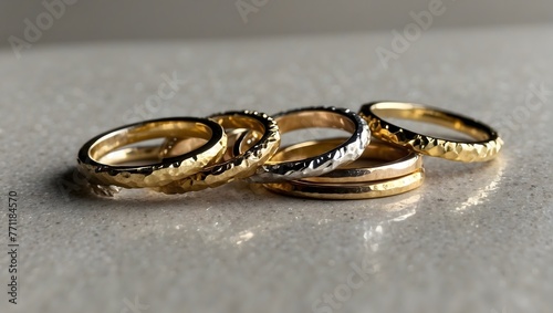 A set of stacking rings, each featuring a different precious metal and texture, arranged in ascending order Generative AI