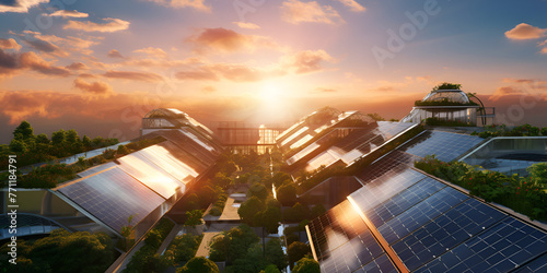Residential Solar rooftop Solar Panels Photovoltaic instalation plant in a house with leafs and flowers around at sunset

 photo