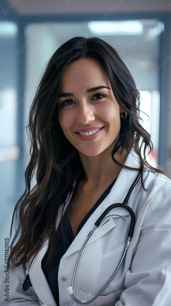 Fototapeta premium female attractive doctor close up smiling cheerful in hospital hallway