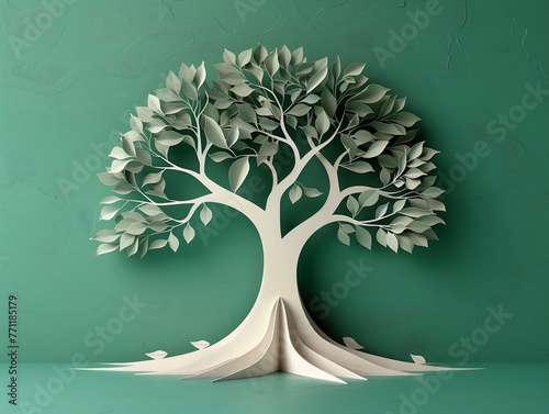paper cut tree leaves green wall grey background book growth radiate connection wooden frame transplanted hand head connecting life vector rooted lineage mother earth