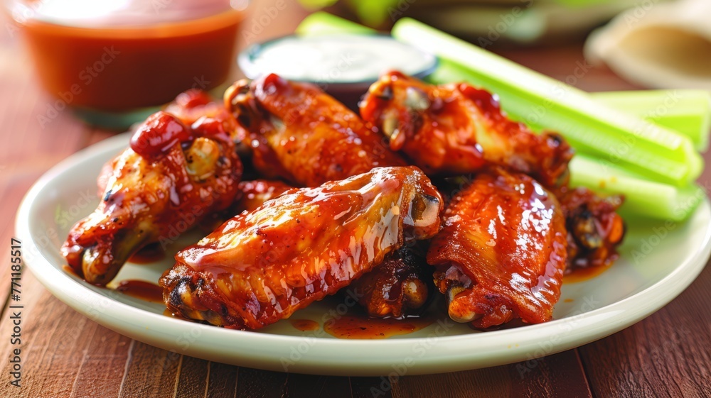 A plate of spicy chicken wings with ranch dressing and celery sticks A plate of spicy chicken wings with ranch dressing and celery sticks