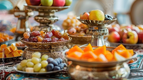 Ramadan Kareem ifter food and decoration on wooden table photo