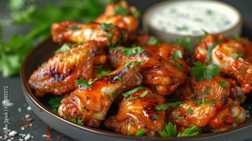 A platter of spicy Buffalo wings with blue cheese dressing