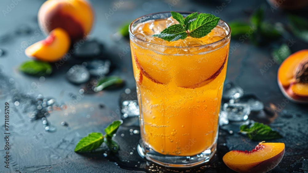 A refreshing glass of peach iced tea with mint leaves A refreshing glass of peach iced tea with mint leaves