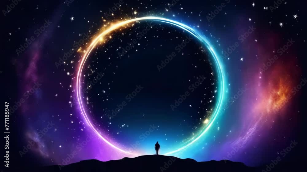 Beautiful glowing portal with tiny silhouette person
