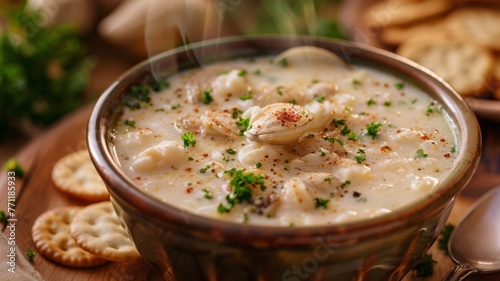 A steaming bowl of clam chowder with oyster crackers on the side
