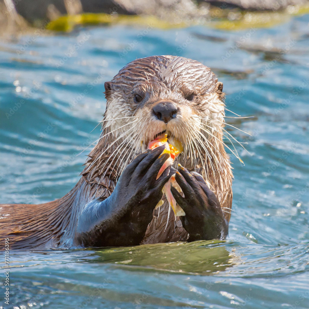 Fototapeta premium 물고기를 먹고 있는 수달