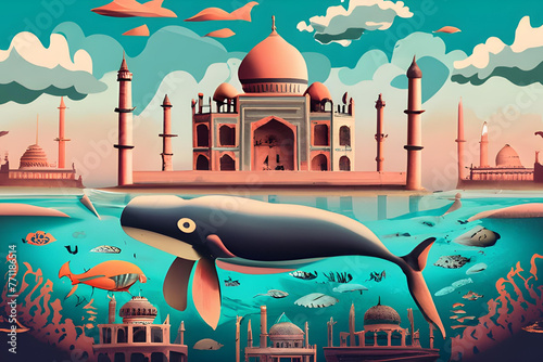 Surreal undersea humpback whale swimming in the ocean or sea. In the background is the ancient ruins of the Taj Mahal photo