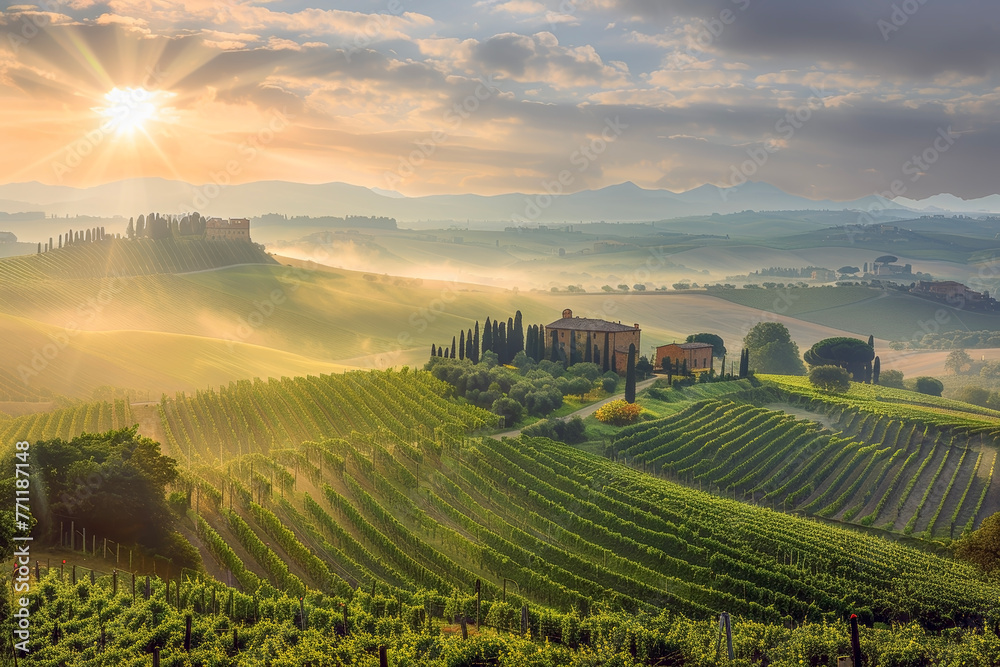 A vineyard for wine that shines in the morning sun