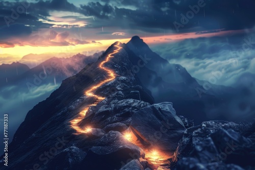 Route to success concept with glowing path going to mountain top, Generative AI © BOONJUNG