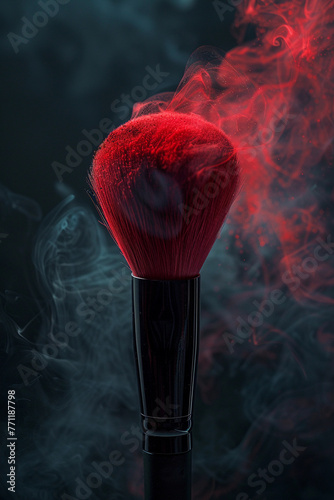 shakes off powder with makeup brush. Makeup brush with red powder on a black background. photo