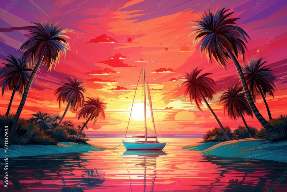 Colorful sunset on the tropical island. Beautiful ocean beach with palms and yacht illustration. Summer traveling and holiday. Palm trees and sea. Nature landscape and seascape - obrazy, fototapety, plakaty 