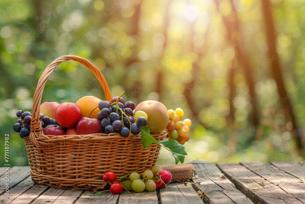 Summer picnic, Picnic fruits basket on wooden table over forest blurred background, Generative AI Summer picnic, Picnic fruits basket on wooden table over forest blurred background, Generative AI