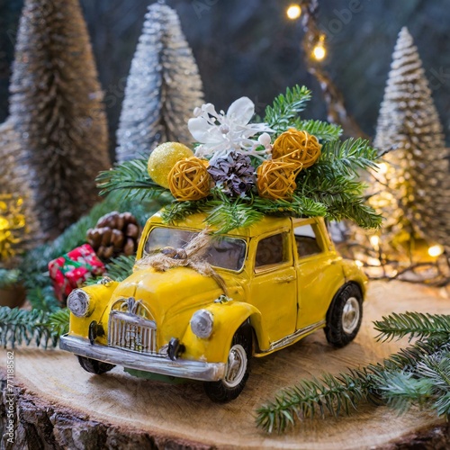 Whimsical Décor: Yellow Toy Car Carrying Cheerful Vibes in Playful Decoration"