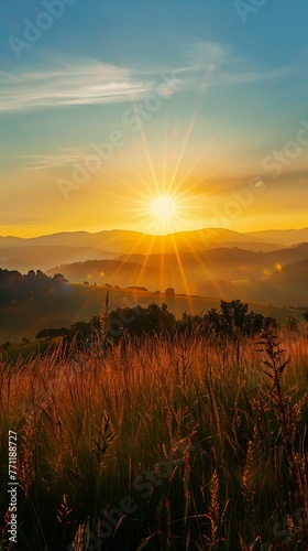 field sun setting mountains early morning sky earth covers lightly yellow aureole summer looking west virginia radiate connection golden dawn sunshine