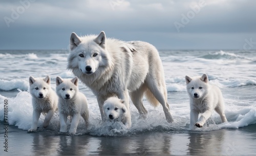 White large wolf with cubs goes in cold sea water