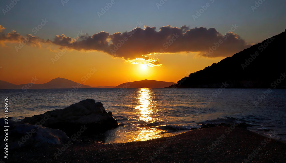 Beautiful sunset over the sea above mountains and islands. The sun goes down on the sea.