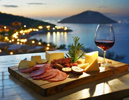 Cheese platter with different types of cheese, olives, ham, salami, mozzarella and red wine at sunset in Antalya, Turkey photo