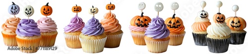Set of three cupcakes Halloween toothpick circle on top pumpkin #15 cutout on transparent background. for template graphic design artwork. banner, card, t shirt, sticker.