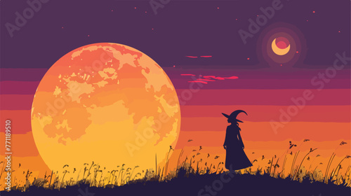 Witch silhouette and full moon cartoon illustration