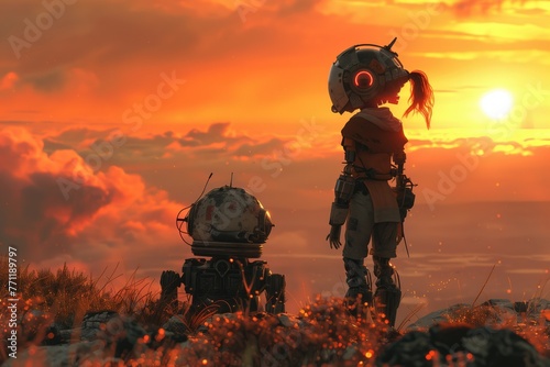 Across the wastelands of a dying planet, a girl and her robotic companion in the style of 3d rendered in unreal engine.