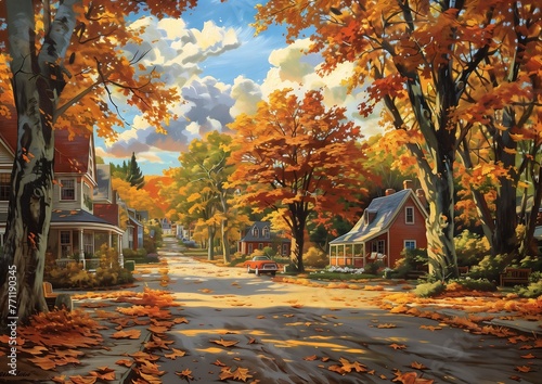 road red car driving down leaves falling wind blows midwest town honeysuckle nature utopia oil standing street coherent borders quaint photo