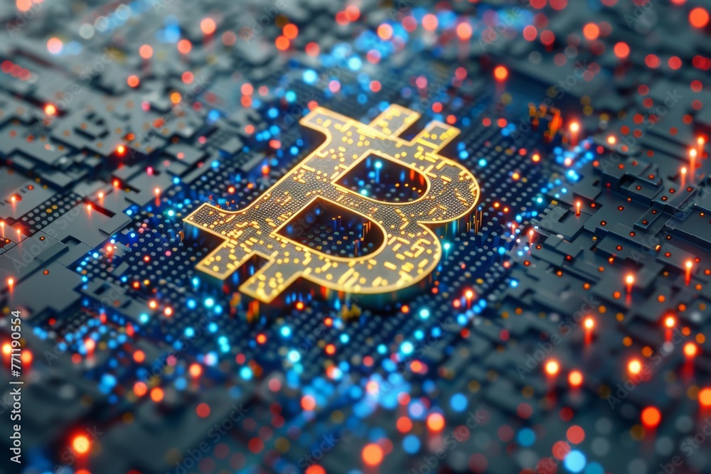 Fototapeta premium Golden Bitcoin on an intricate circuit board, highlighting the complex technology behind cryptocurrency