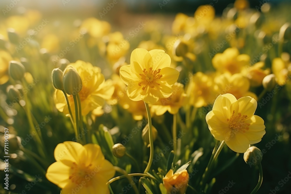Field of yellow flowers with sun shining on them