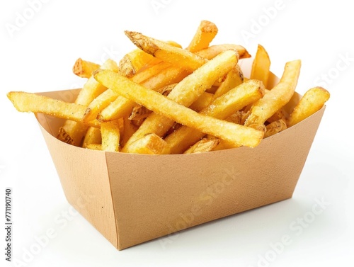 Tray of french fries sits on white background photo