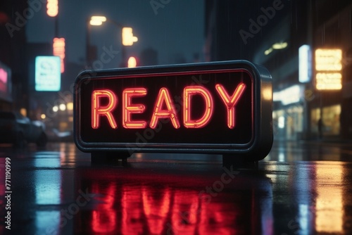 Slogan ready neon light sign text effect on a rainy night street, horizontal composition