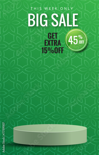 big sale discount portait template banner with 3d podium for product sale social media with abstract gradient green background design1
