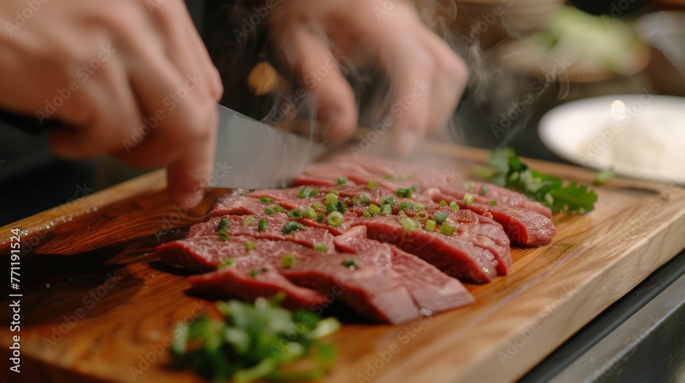 The journey of thinly sliced beef from the cutting board to the hot pot