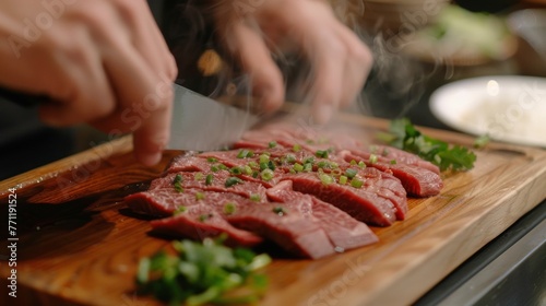 The journey of thinly sliced beef from the cutting board to the hot pot