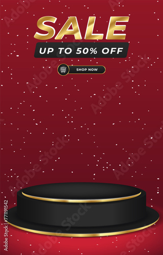 sale discount portait template banner with 3d podium for product sale social media with abstract gradient red background design