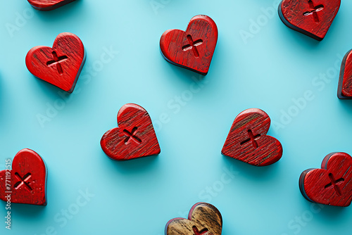 red wooden hearts with cross on blue background in th 4753cf63-fca0-4798-adf7-8cf5ced8cb37 3 photo