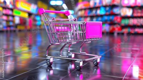 Empty shopping cart in a vibrant supermarket aisle, Concept of consumerism, retail experience, and shopping