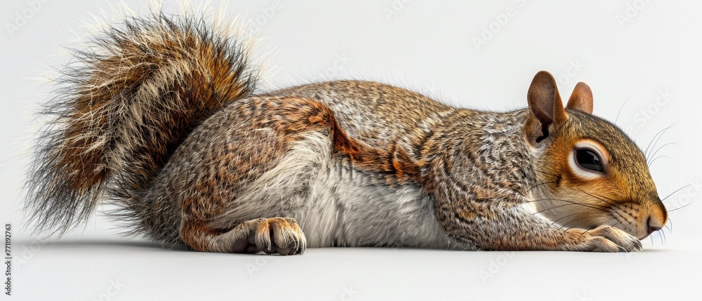 Obraz premium Closeup of a dozing squirrel, vibrant, photorealistic image, white background ,3DCG,clean sharp focus