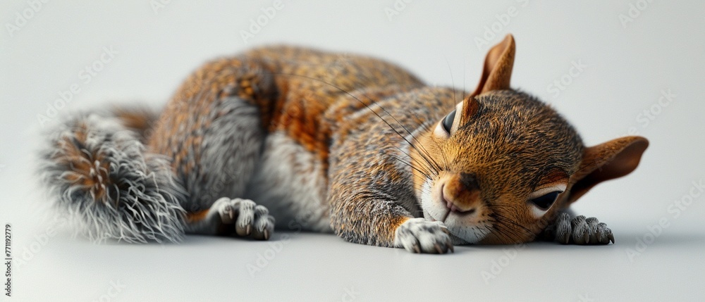 Obraz premium Closeup of a dozing squirrel, vibrant, photorealistic image, white background ,3DCG,clean sharp focus