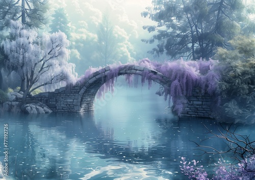 bridge lake purple flowers light grey stone paths kisses wordless spells white sparkles sunlight beams swirling gardens bubbly scenery pastel shades