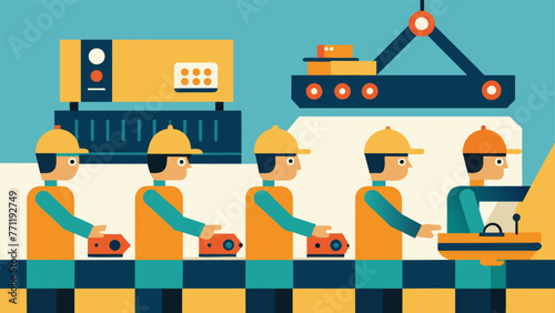 A detailed shot of a production line with workers quickly reconfiguring machines to produce a new product in response to market demand.