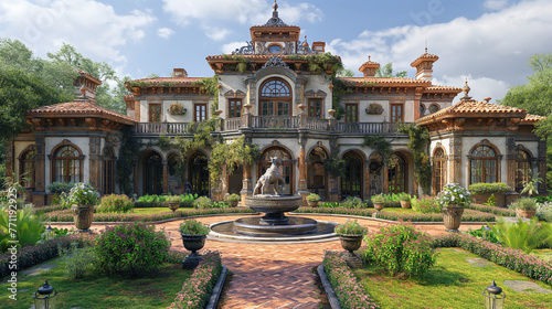 A mansion with a garden in front of the house and a horse statue in the middle of the garden and a fountain. 