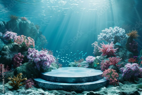 Underwater 3d podium surrounded by coral reefs, ideal for marine products photo