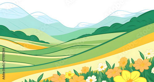 yellow flowers growing on top of a lush green hill