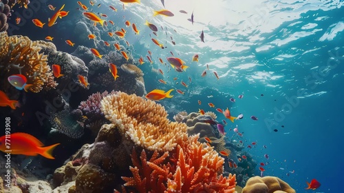 Beautiful tropical coral reef with shoal or red coral fish, anthias. Red Sea photo