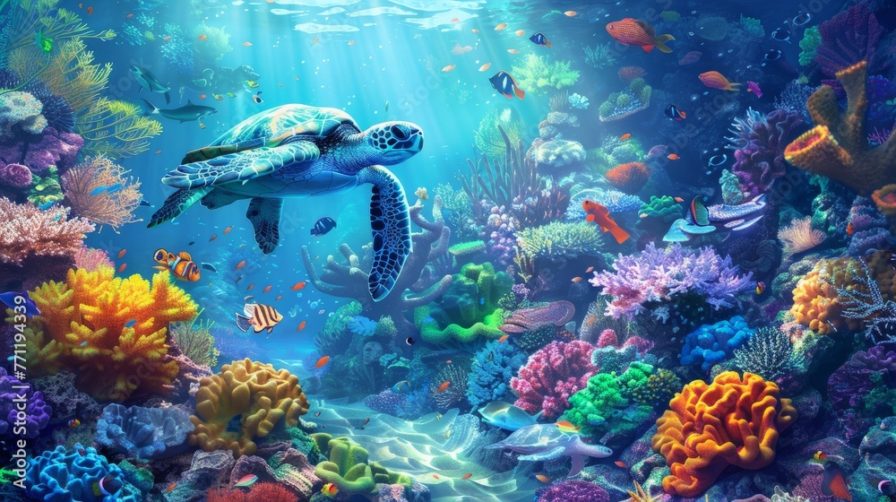 Fototapeta premium colorful coral reef with many fishes and sea turtle